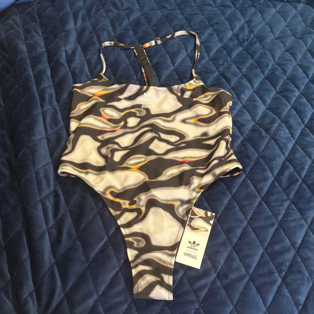 Adidas Abstract Pattern Thong Swimsuit in Black and White